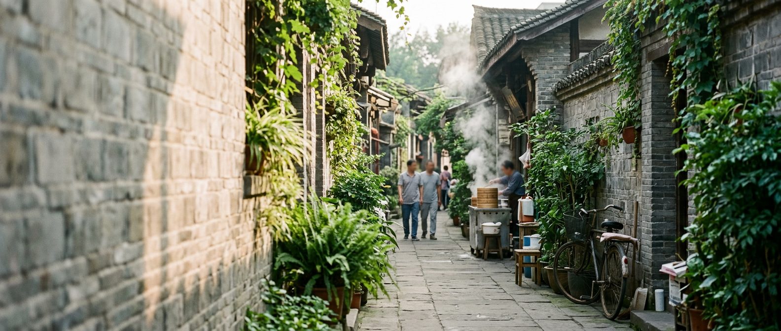 A narrow Chinese alley lined with small shops and food stalls